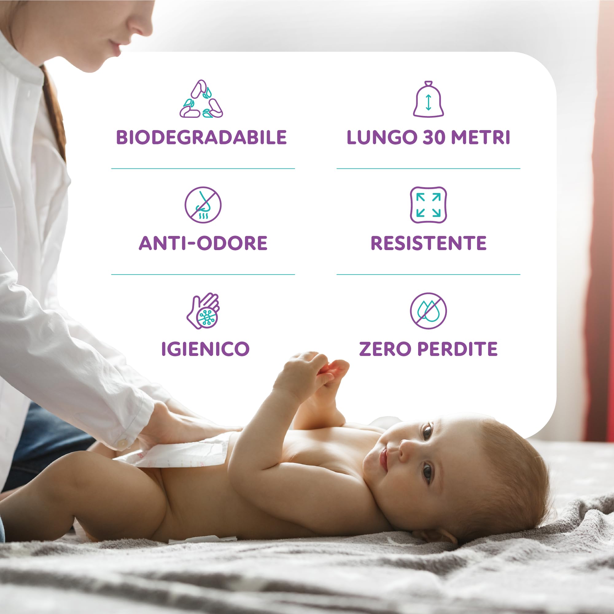 Ricarica Baby per Cesto Saclò Suite, Sacco Continuo 30 Metri, Confezione da 10 Pezzi, Plastica 100% Biodegradabile, Extra Durata
