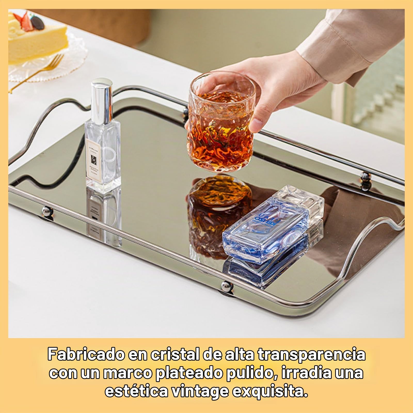 Bandeja de servir, Elegante Bandeja Rectangular de Acero Inoxidable con Asa para Té, Café y Postres, Centro de Mesa Decorativo, 30x20 cm, para Cena, Bar o Cocina