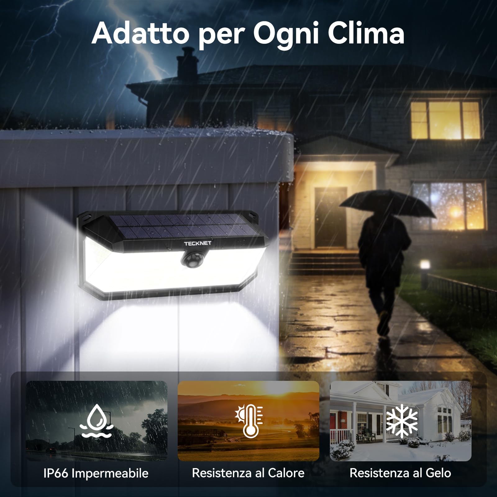 TECKNET Luce Solare LED Esterno, 495 LED, Illuminazione a 300° | Faretto LED da Esterno Solare, Impermeabile IP66, Lampada Solare da Esterno, per Giardini, Garage, Terrazze