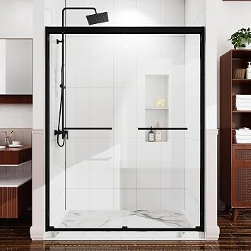 56-60" W x 72" H Semi-Frameless Shower Door | Double Sliding Shower Door | 1/4" 6mm Tempered Glass | Anti-Leak Design | Stainless Steel Hardware | Matte Black