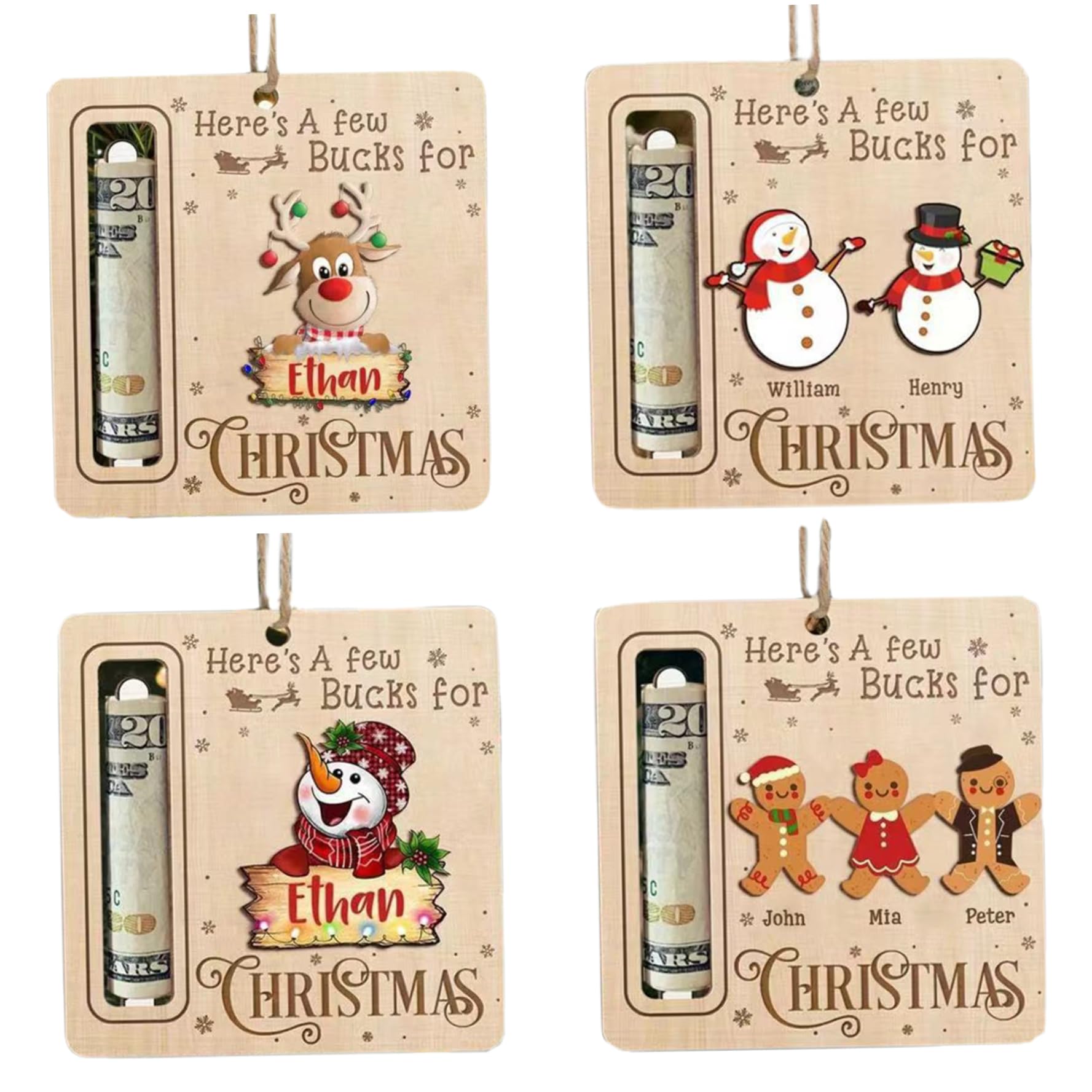 Christmas Money Holder Ornaments 4Pcs 4 x 4" Cute Christmas Money Holders for Cash Wooden Ornaments Holder Hanging Ornament for Cash Xmas Tree