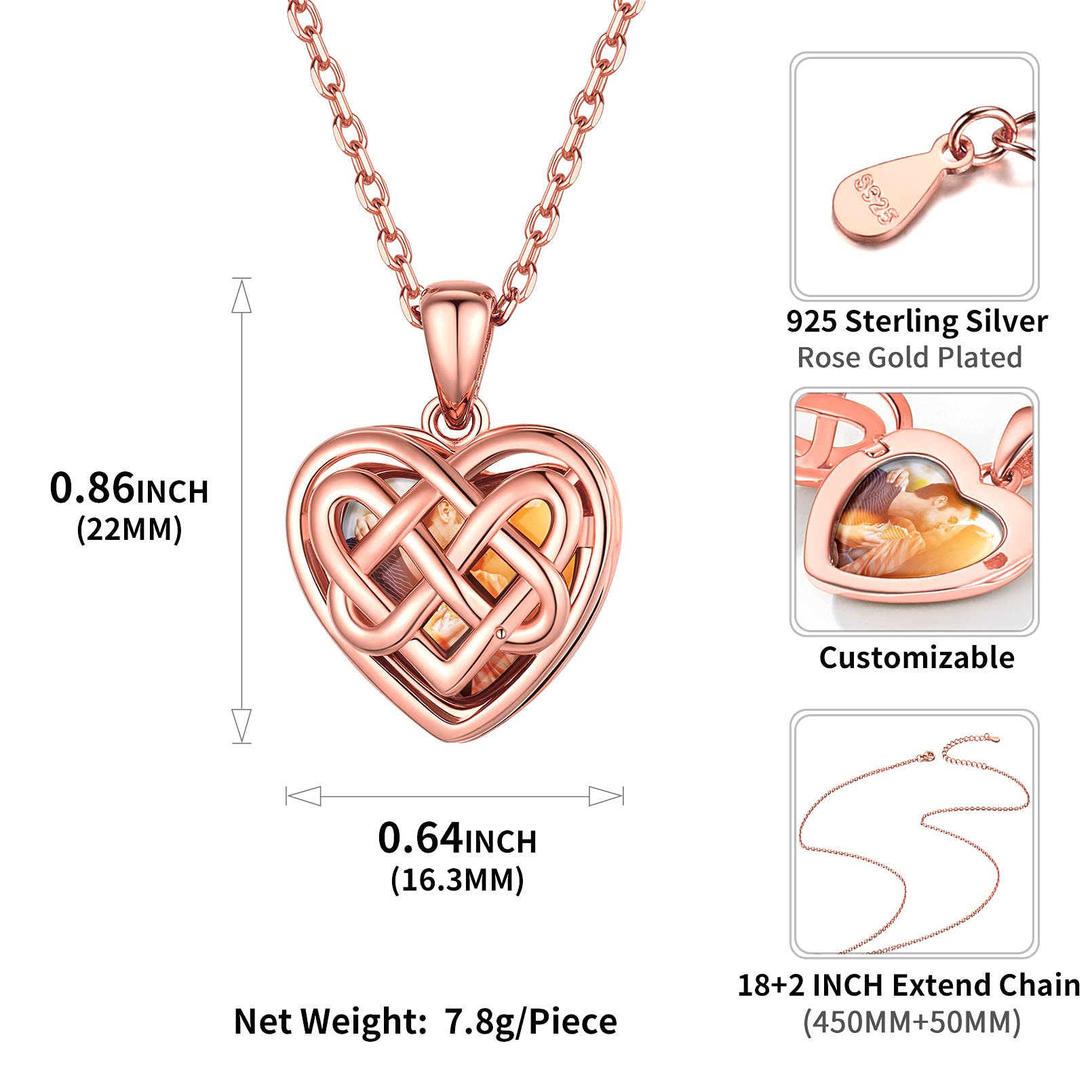 ChicSilver Collana Cuore Personalizzata Argento 925 Foto e Incisione Oro Rosato Ciondolo Portafoto Ciondolo Argento 925 Portafoto a Cuore