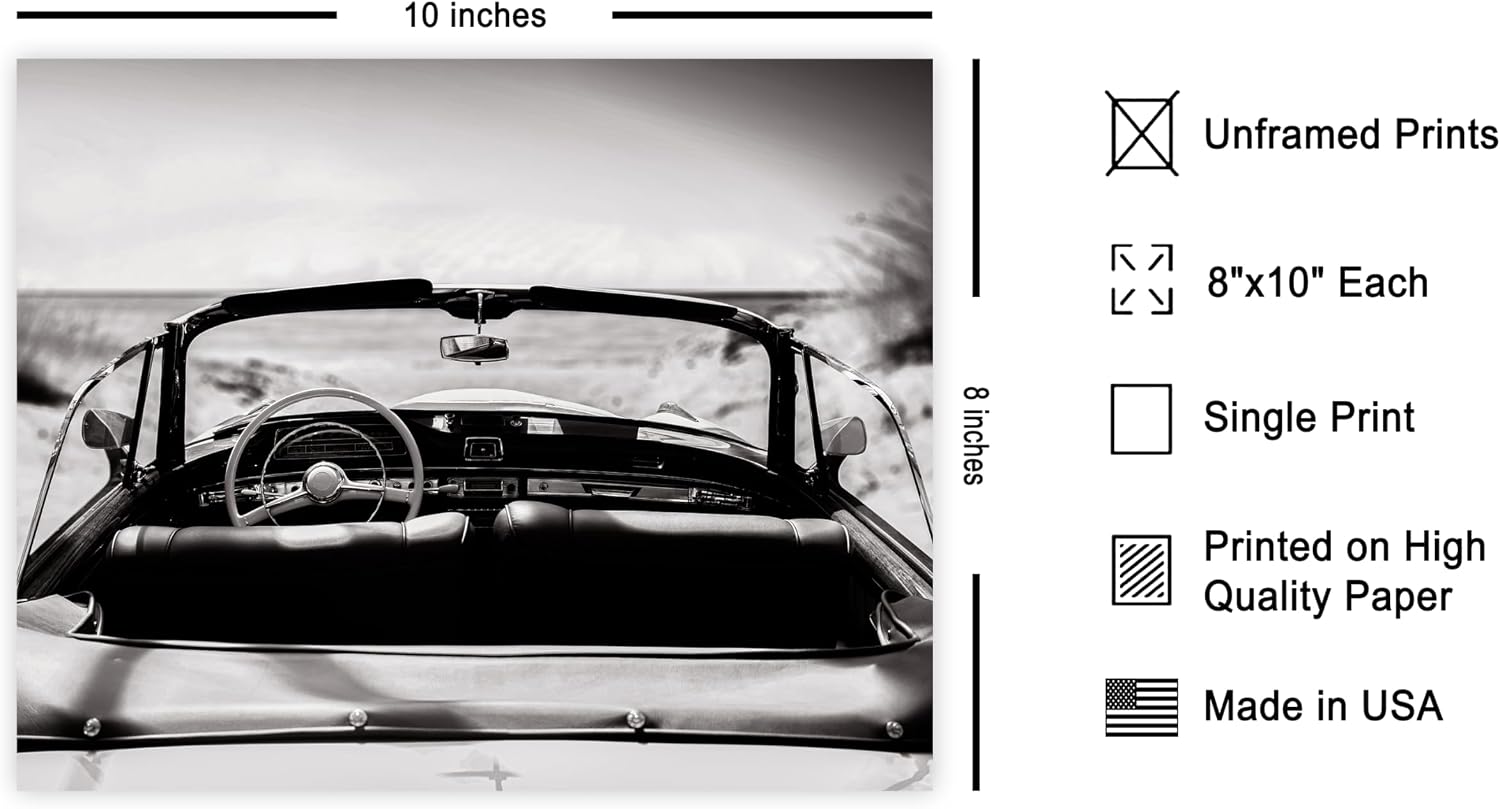 Poster Master Beach View from Car Poster - Classic Car Print - Photography Art - Vacation Print - Travel Trip Illustration - Modern Design - Ocean or Beach House Coastal Decor - 8x10 UNFRAMED