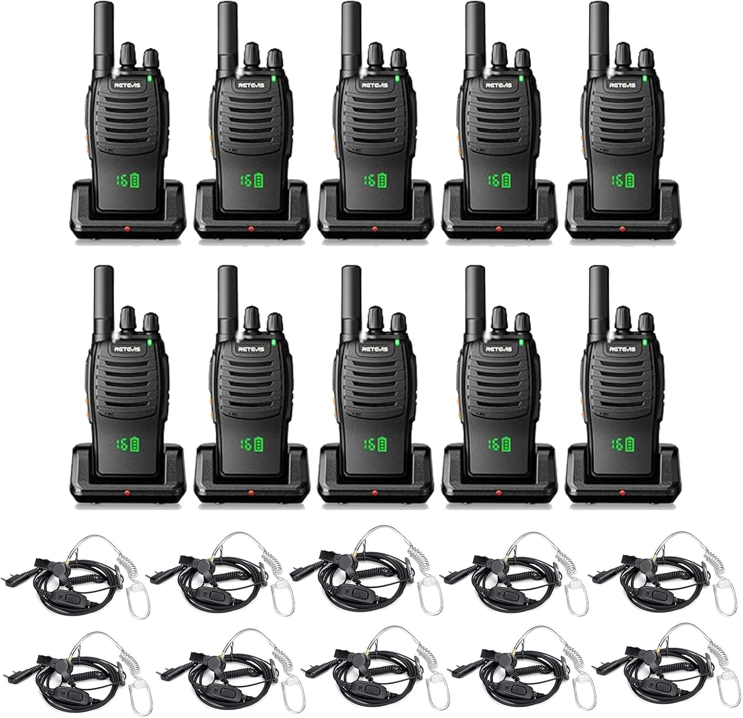 Retevis H-777H Walkie Talkies(10 Pack) with Walkie Talkie Earpiece(10 Pack), Rechargeable Two Way Radio, Hidden Display, Channel Display, USB-C, Short Antenna, Handheld 2 Way Radio