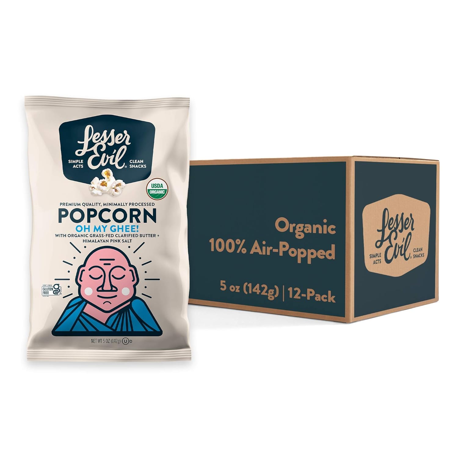 LesserEvil Oh My Ghee! Organic Popcorn, No Artificial Ingredients, Coconut Oil, Pack of 12, 5 oz Bags