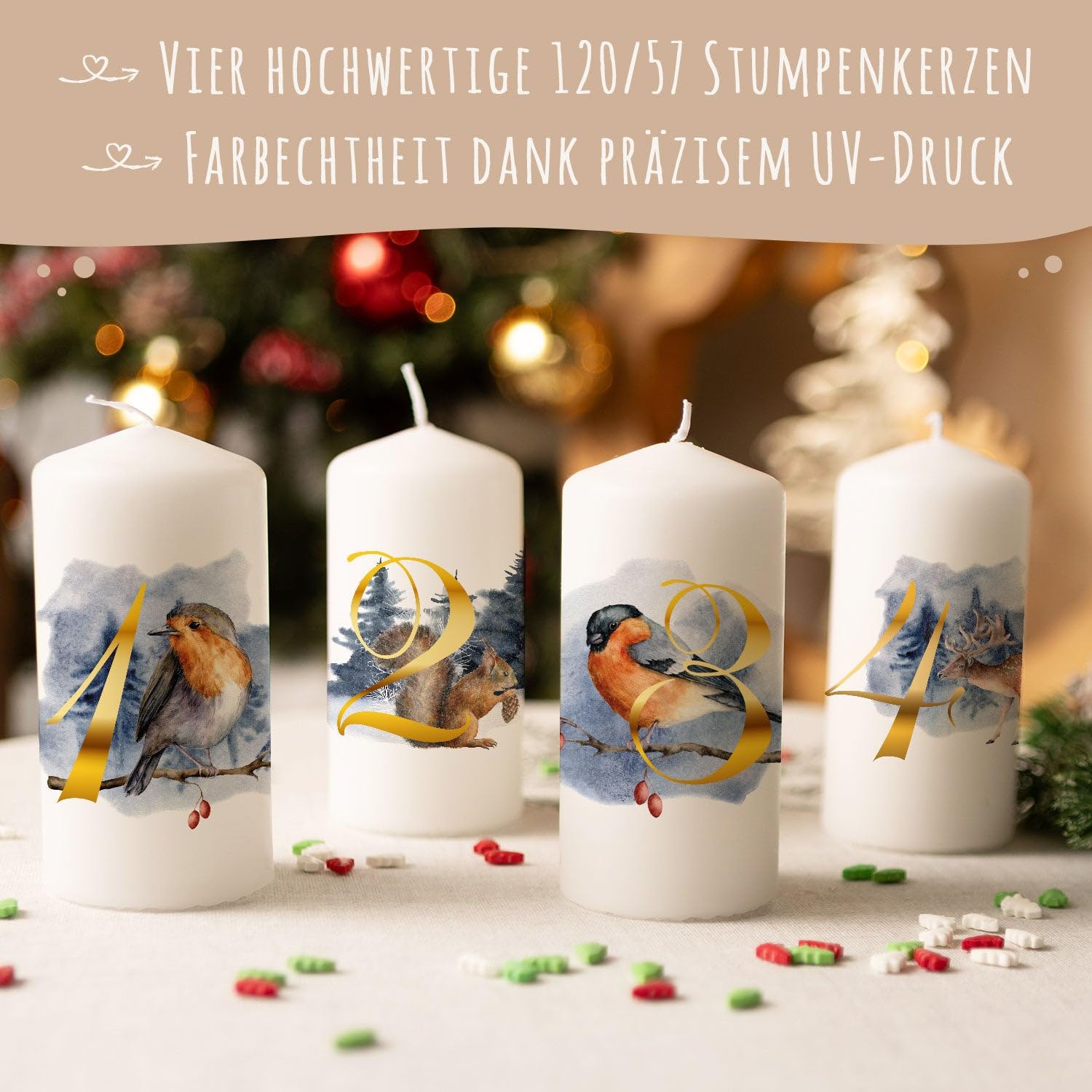 Lot De 4 Bougies Piliers Imprimées Ligne De L'Avent - 120/58 Mm - Décoration Couronne De Noël - Cadeau De Noël Personnalisable