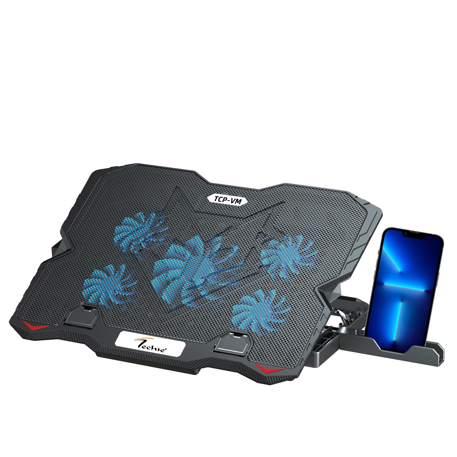 Techie 5 Fan Laptop Cooling Pad with Speed Control, Mobile Stand, USB Ports & LED Light | Support Upto 9-15.6 Inch Laptops with 5 Adjustable Levels | Ergonomic Design | Plastic & Iron Mesh