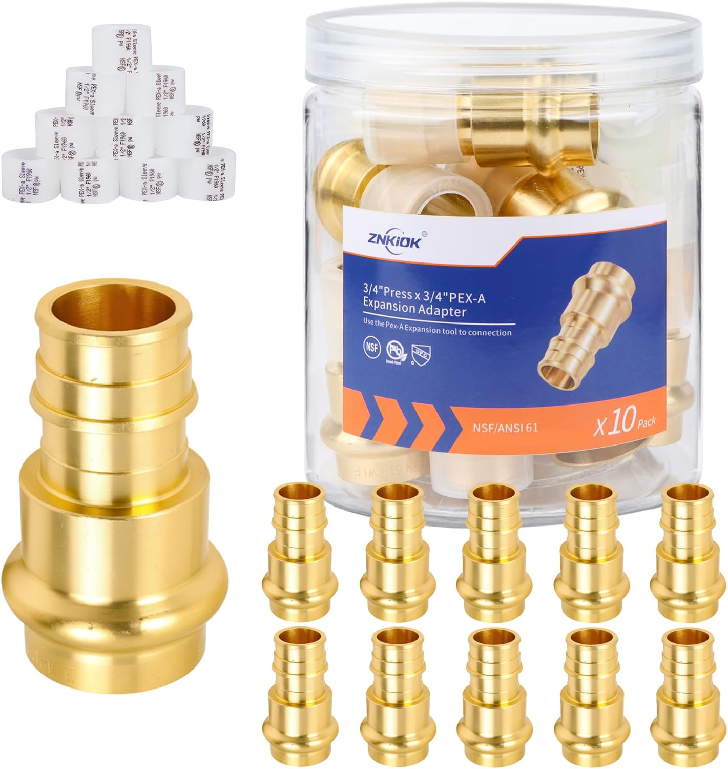 (Znkiok® 8Pack) 3/4" Press x 3/4" Pex Adapter Crimp Fittings,Copper Press To Pex Adapter,Lead-Free Brass,NSF/ANSI 61,UPC.