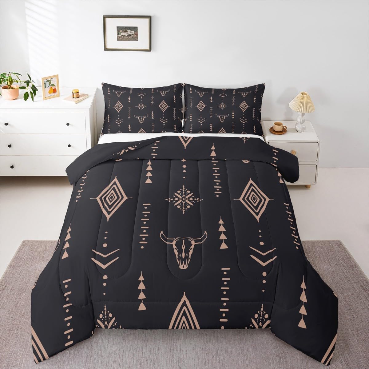 Bull Skull Comforter Set Queen Boho Bedding Ethnic Horns Bohemian Bedding Comforter Sets Black Brown Tribal Symbol Mysterious Aztec Bedroom Decor Abstract Geometric Duvet Insert for Men Boys
