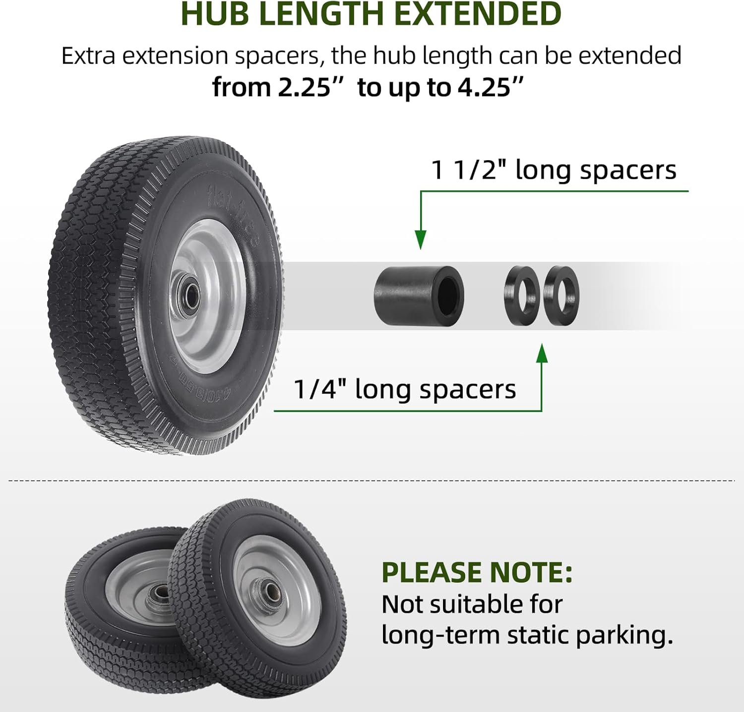 AR-PRO (2-Pack) 10-Inch Solid Wheel Replacement - 4.10/3.50-4 Flat Free Tire and Wheel with 5/8 extra 3/4 &1/2 Bearings and 2.25" Offset Hub - Compatible with Hand Truck, Generator, Gorilla Carts