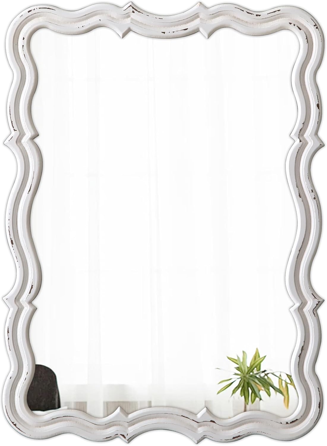 Rustic Scalloped Wall Mirror Decorative 24 X 18 Inch, Hanging Distressed White Wavy Wooden Frame Farmhouse Rectangular Mirrors for Wall Decor Living Room Bathroom, Horizontal or Vertical