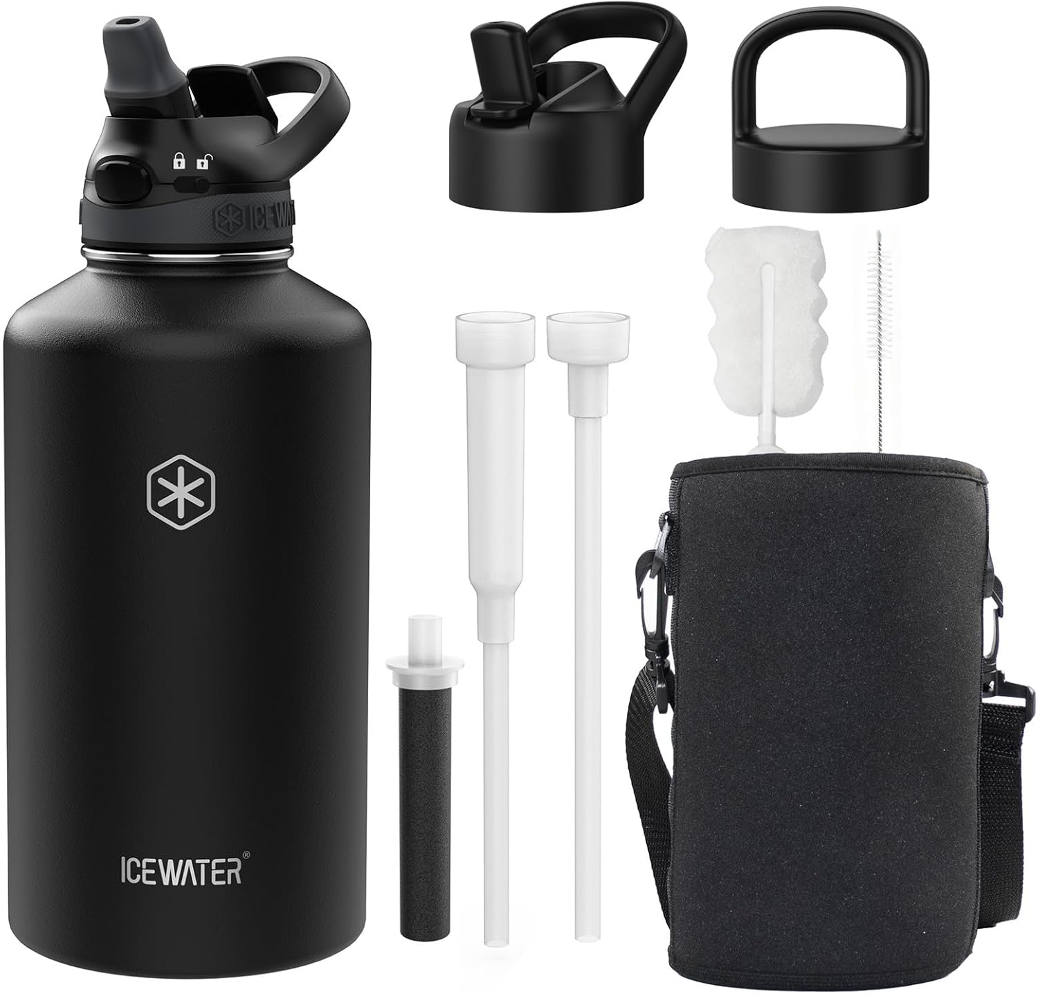 ICEWATER 64 oz Versatile Water Bottle Filtered Straw Option Reduces Chlorine Taste & Odor, Removes Microplastics, Ideal for Travel, Stainless Steel Insulated With 3 Lids, BPA-Free, USA-engineered