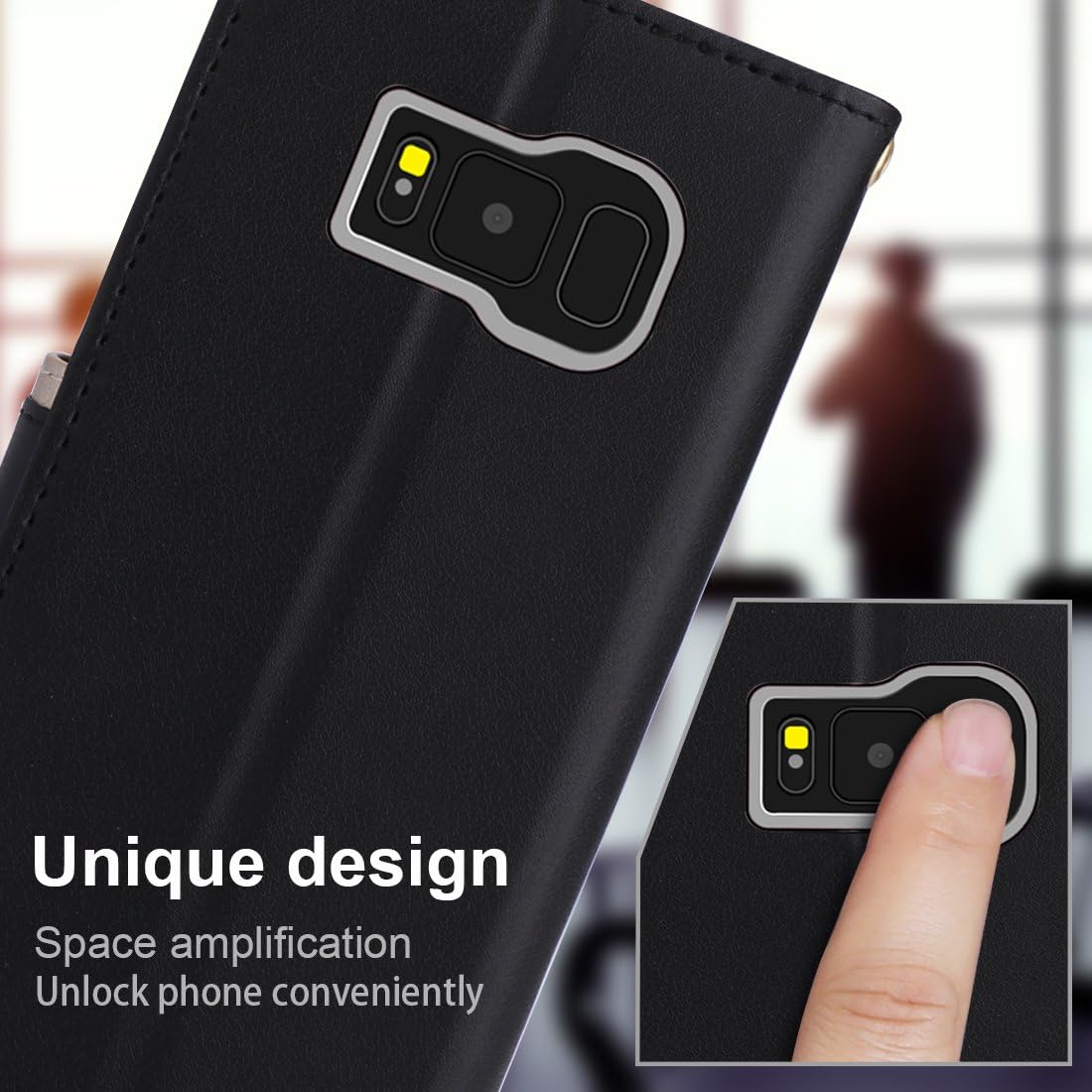 FYY Leather Case with Mirror for Samsung Galaxy S8, Leather Wallet Flip Folio Case with Mirror and Wrist Strap for Samsung Galaxy S8 Black