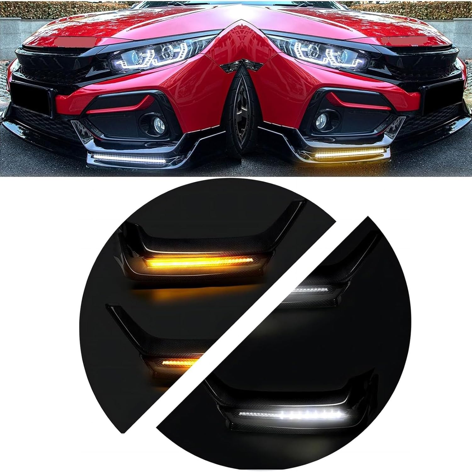 Front Bumper Lip W/Light Hatchback Front Bumper Spoiler Compatible with 2017-2021 Honda Civic Air Dam Spoiler Splitter Chin Diffuser Protector Body Kit,Glossy Black