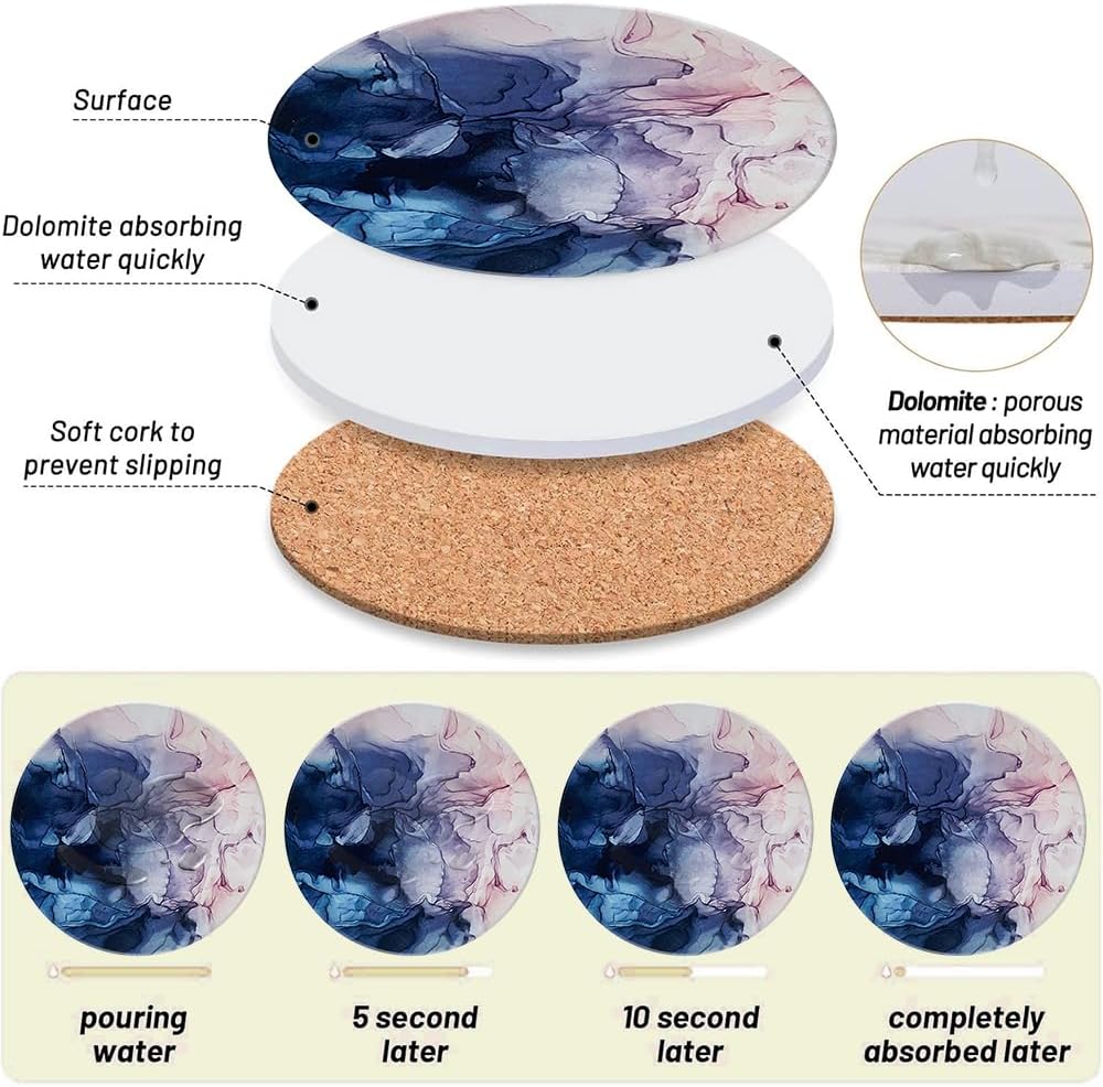 Ceramic Coasters Set of 6, Marble-Textured Design with Holder - Absorbent Cork-Backed Coasters for Cups, Bar & Coffee Table Decor Accessories (Blue-Pink Gradient, 6 Pack) - Image 3