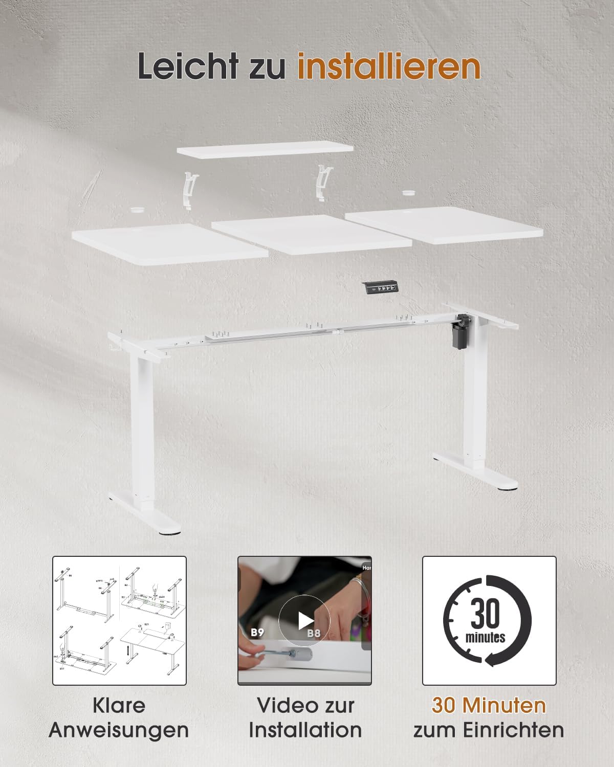 Diagram showing easy assembly steps for the desk