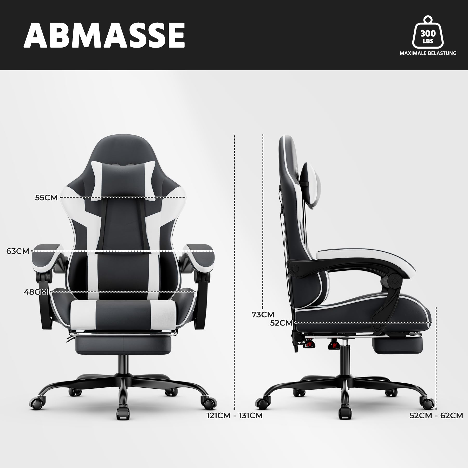 vutizal Sedia da gaming ergonomica con supporto lombare – Sedia da ufficio in pelle PU con schienale regolabile e poggiapiedi – Fino a 200 kg – Nero/Bianco