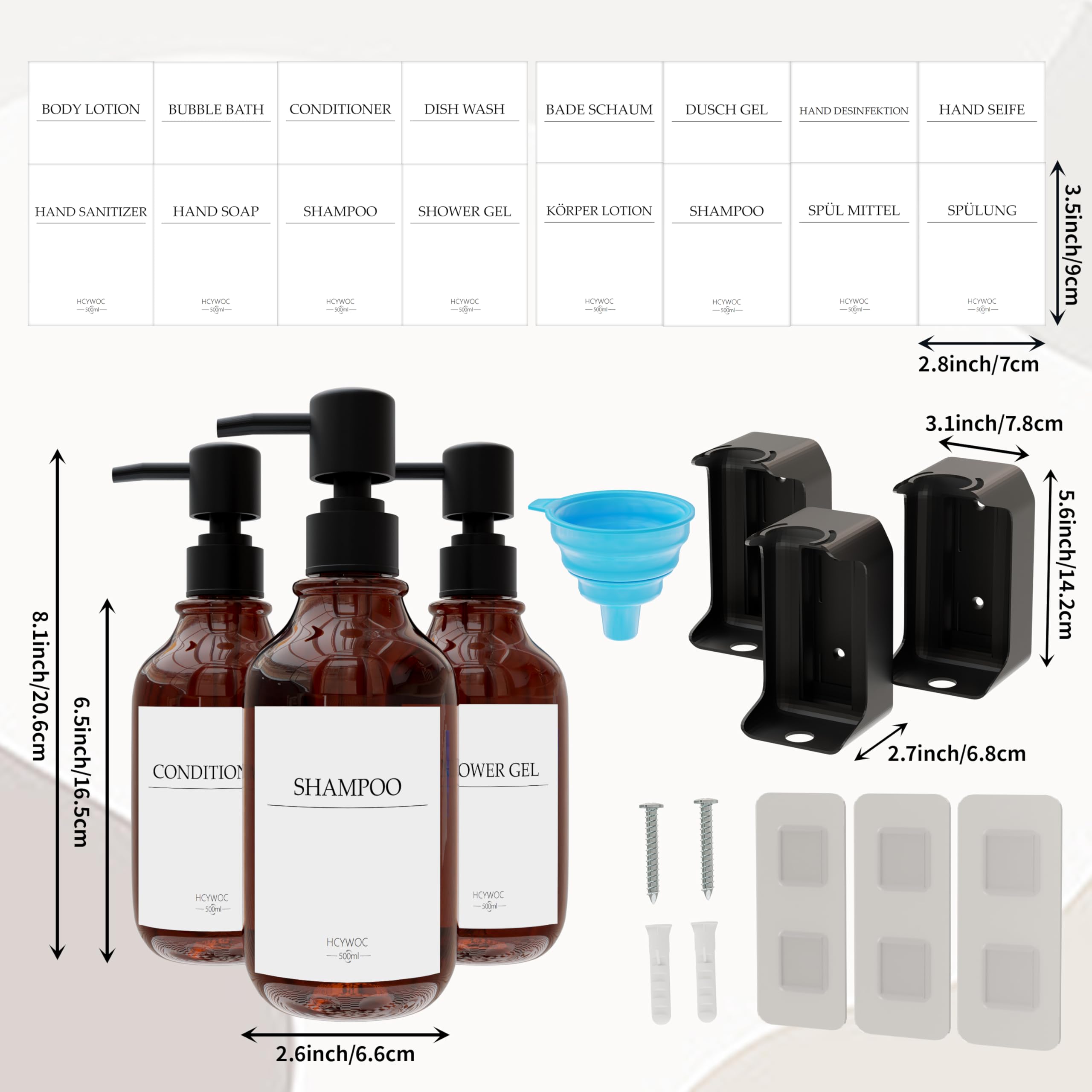 Distributeur Savon Mural sans Percage, Lot de 3, 500 ML Savon avec 16 Étiquettes Imperméables, Cuisine et Salle de Bain, Ambre