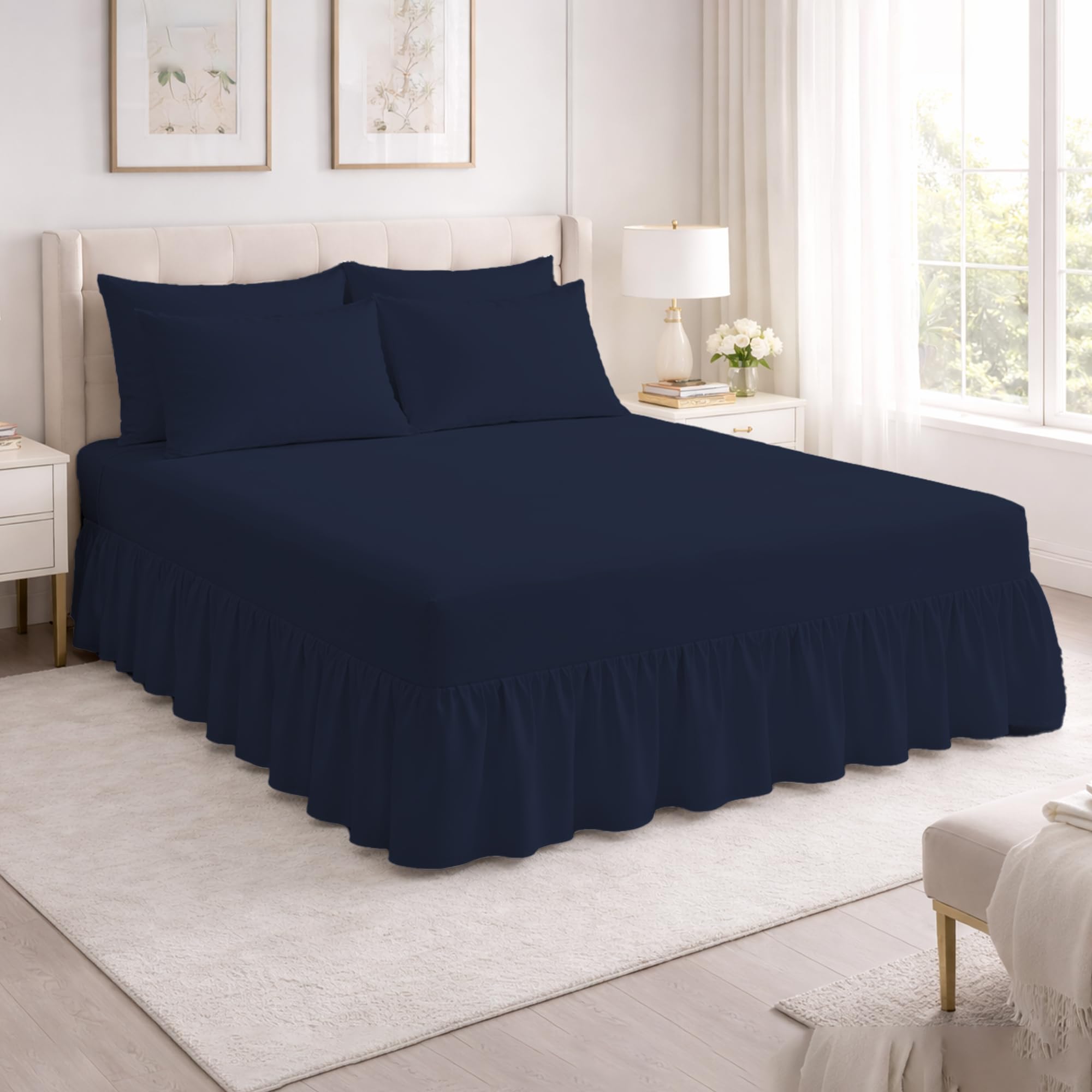 Reliancebedding Navy-Blue Single Valance Fitted Sheet 100% Egyptian Cotton 400Tc Luxury Frilled