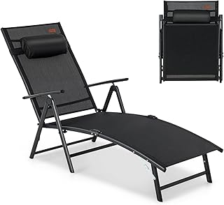 COSTWAY Sonnenliege klappbar, Gartenliege mit Kopfstütze, Armlehnen und 7 verstellbaren Rückenlehnen, Klappliege bis 150 kg belastbar, tragbarer Liegestuhl für Garten, Terrasse, Balkon, Schwarz