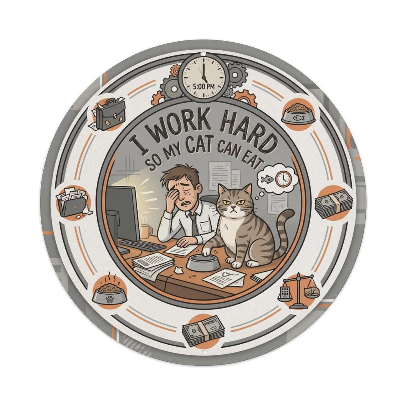 Vintage I Work Hard So Cat Eats Metal Tin Sign Plaque Wall Decor for Cafe, Club, Garden Round Metal Poster 8x8Inch