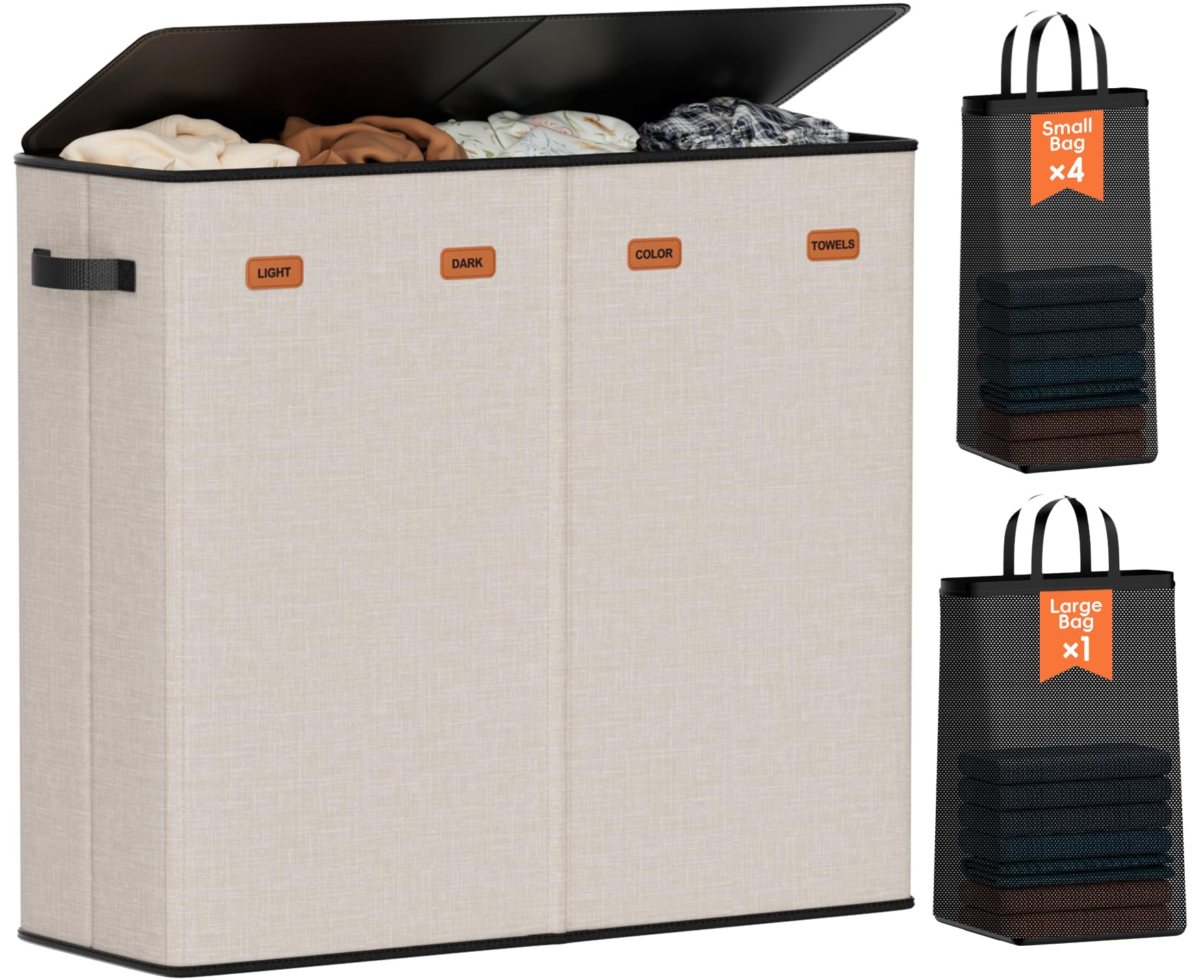Wäschesammler 4 Abschnitte mit Deckel, 185L Wäschesortierer mit 4 abnehmbaren Taschen + 1 extra große Tasche, umschaltbares 3/4-Fach, Wäschekorb Organizer für Schlafzimmer, Waschküche, Beige