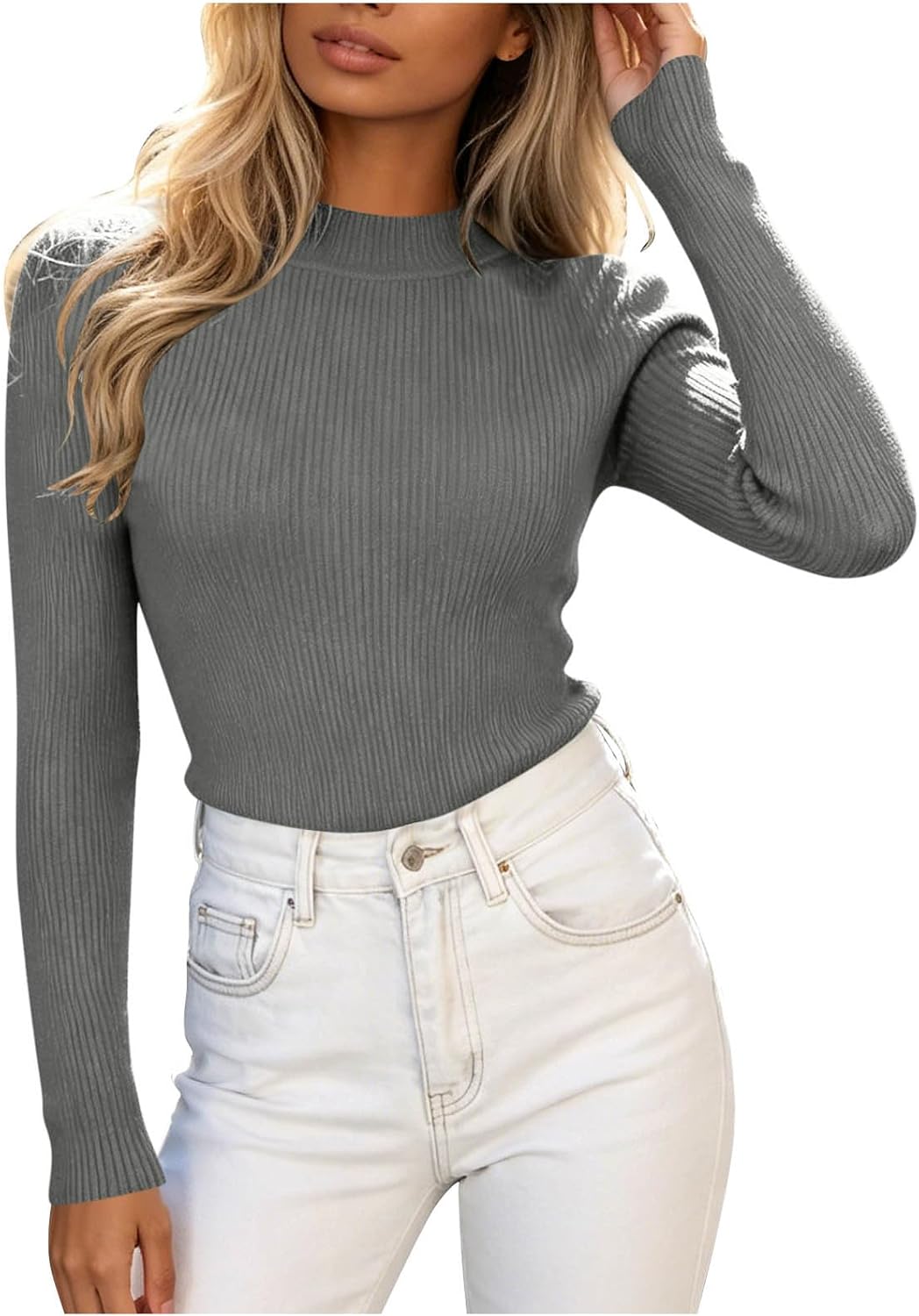 Womens Ribbed Knit Sweaters Mock Neck Long Sleeve Tops | Form Fitting Silhouette, Stretchy Ribbed Texture, Classic High Collar, Sleek Winter Layering
