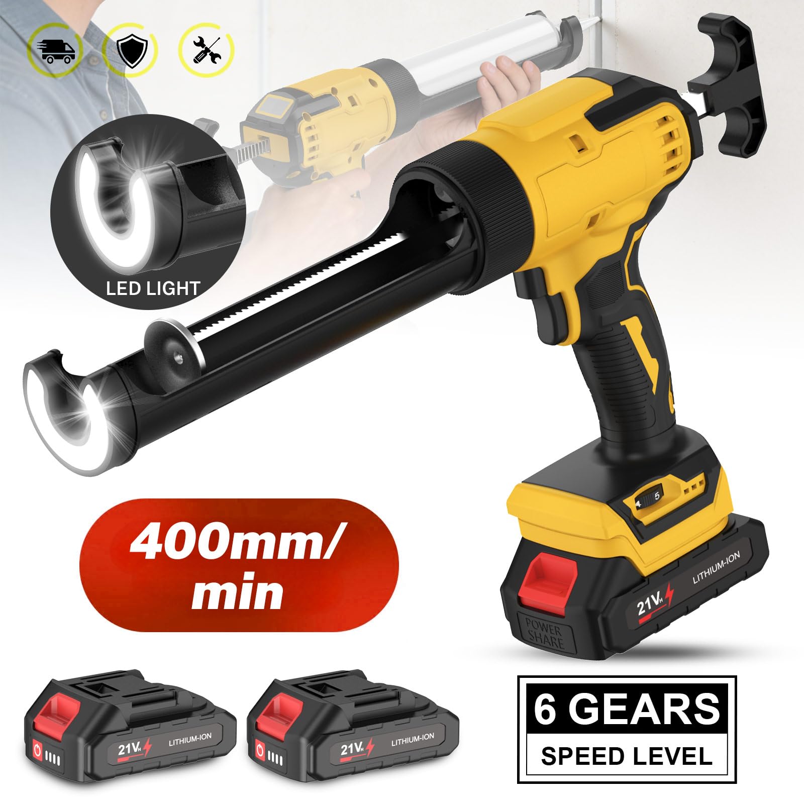 Pistola de silicona eléctrica, pistolas de pegamento eléctricas, con 2 baterías, 6 velocidades ajustables, lámpara led de 450 lúmenes, para sellado, sellador, sin fugas (amarillo)