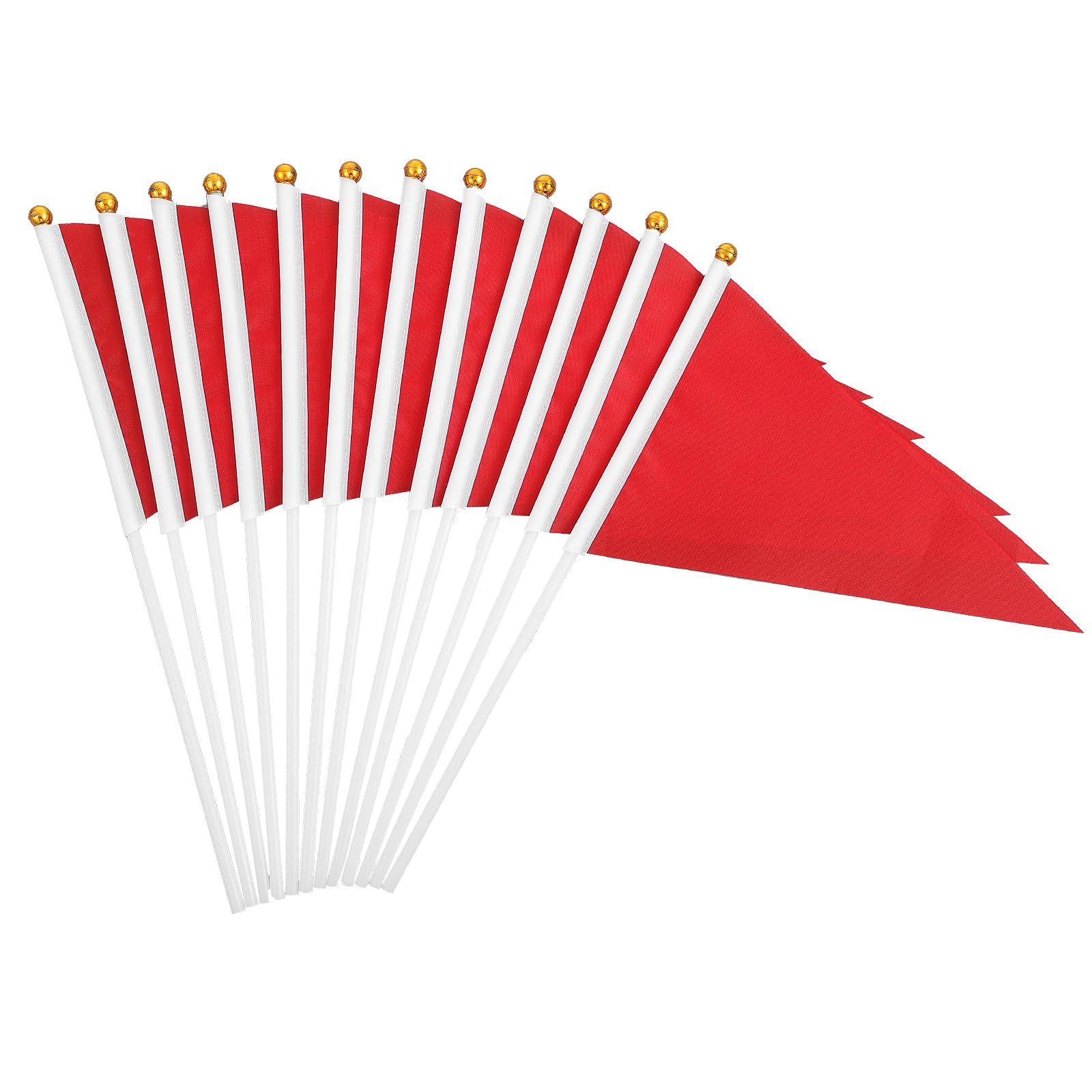 12Pack Red Flags 12 x 20 cm Small Flags With 12 Inch Plastic Pole Mini Triangle Red Flag for DIY Blank Hand Held Flag For Parade Party Decoration