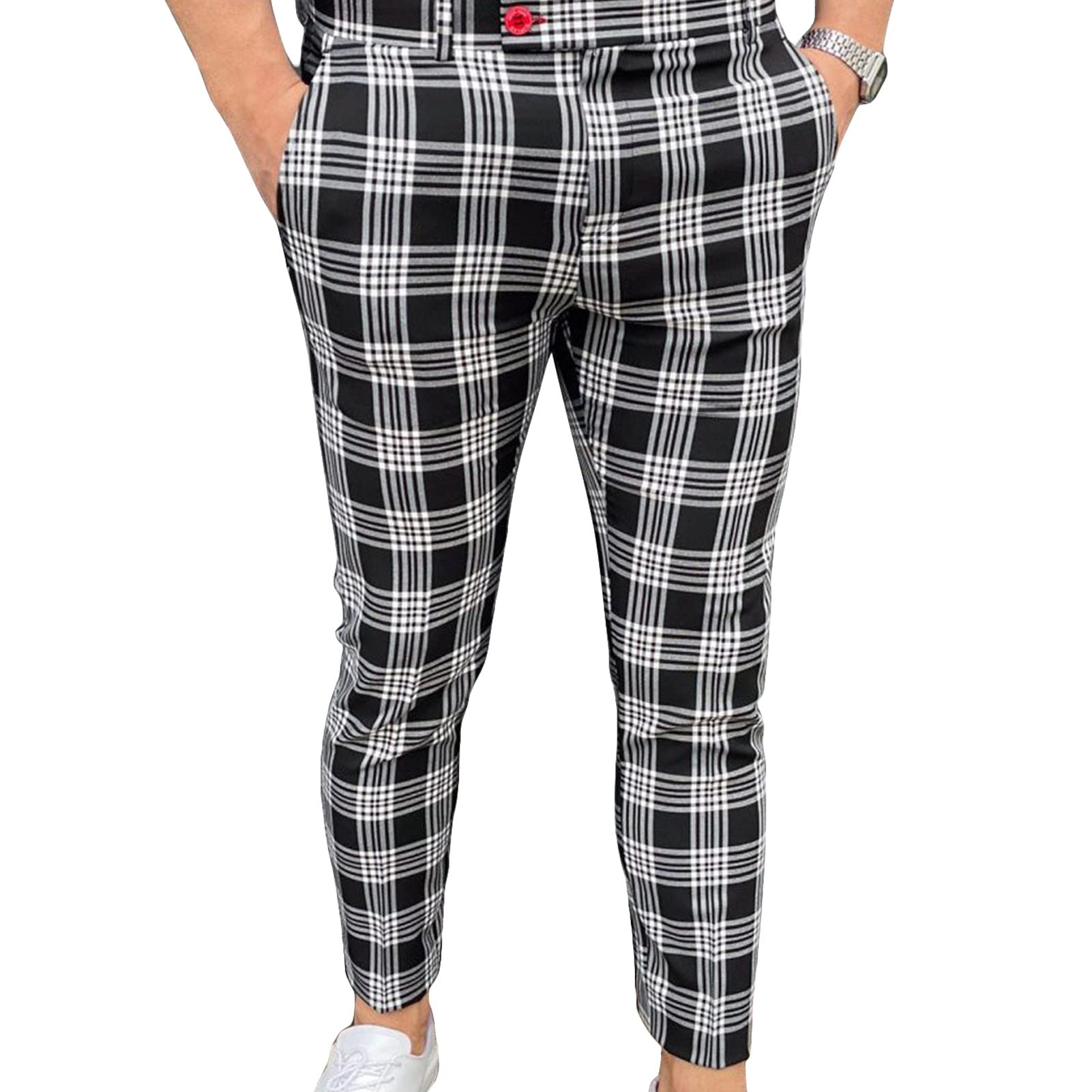 Men Plaid Business Chino Pants Classic Print Stretch Dress Long Pant Stylish Casual Flat Front Skinny Trousers
