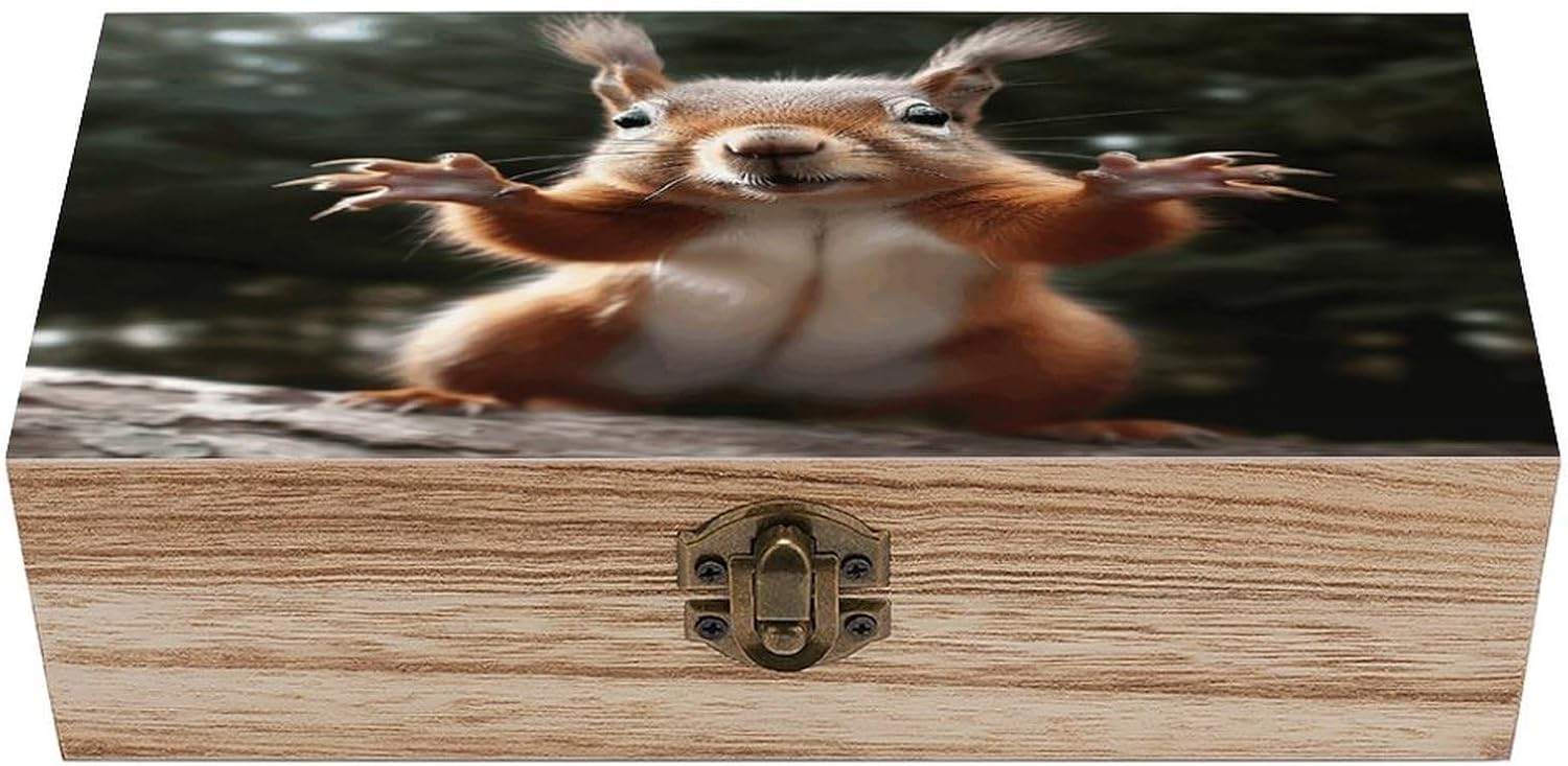 Squirrel Funny Animal Wooden Box Sturdy Vintage Storage Box with Hinged Lid Exquisite Wood Keepsake Boxes Large Jewelry Case Cute Trinket Holder Unique Gift for Men Women