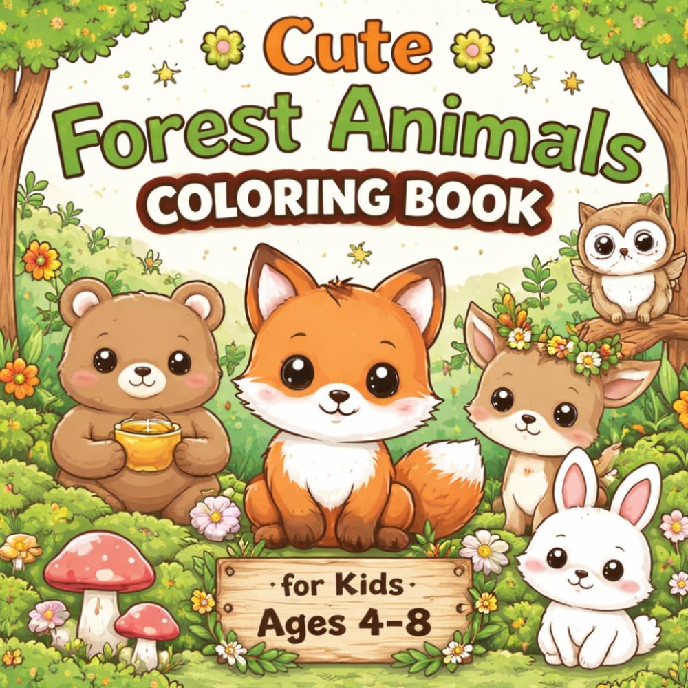 Cute Forest Animals Coloring Book for Kids Ages 4–8: Adorable Foxes, Bears, Deer, Owls and Woodland Creatures Coloring Pages for Relaxation, Fun and Creativity
