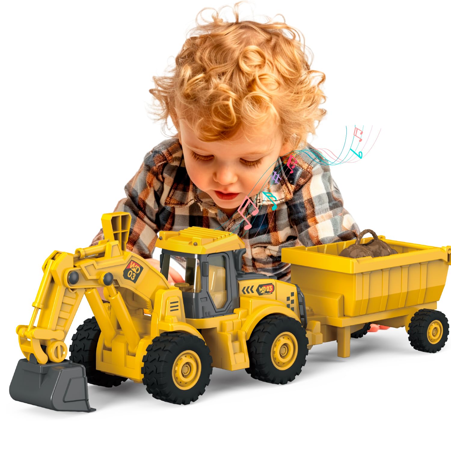 Excavator Toy with Cargo Bin, 1:18 Scale Construction Vehicle for Kids, Inertia-Powered Push-and-Go, Lights & Sounds, Working Digger Arm, Indoor/Outdoor Sandbox Toy for Boys Girls Age 3 4 5 6