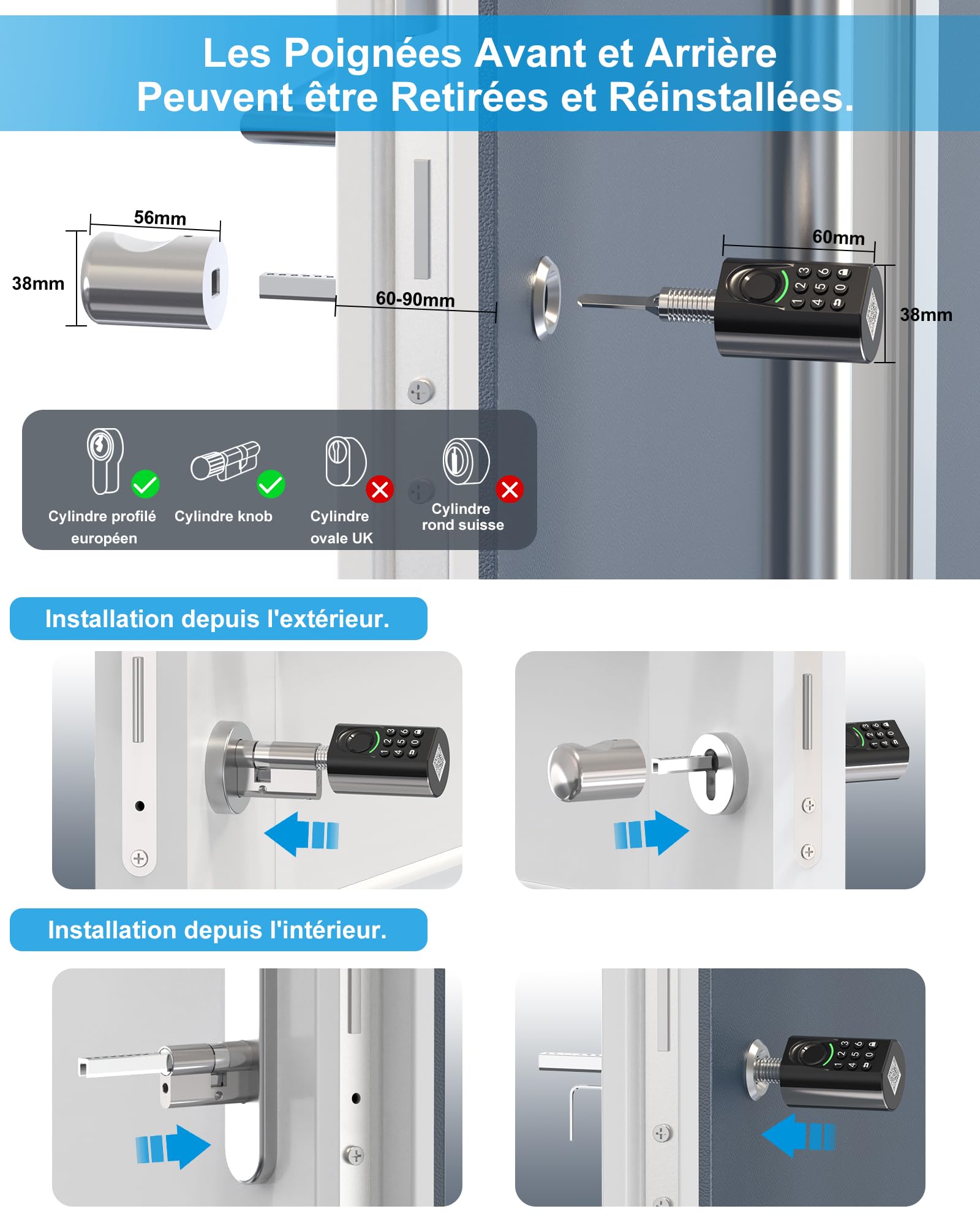 WELOCK ToucA71 Serrure Connectée,Serrure Empreinte Digitale avec Code,RFID Carte,APP,serrure à code WiFi(Besoin welock wifibox),Cylindre Connecté pour porte de 60-90mm,Facile à installer,Smart Lock