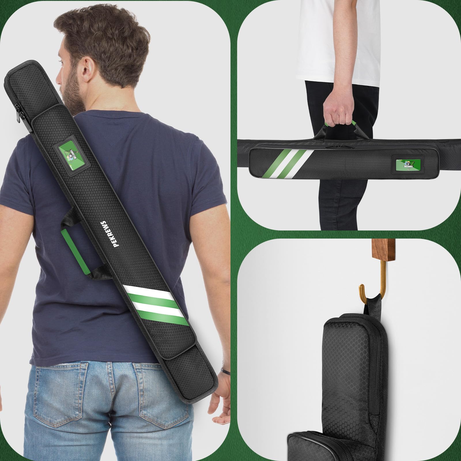 PEKREWS Billardqueue-Tasche, weiche Tasche für 1 x 1 für 1 Hintern und 1 Schaft, mit Reißverschlussfach, stabile Polyester-Billard-Queue-Tasche mit Schultergurt, Billardstock-Tasche für Damen und