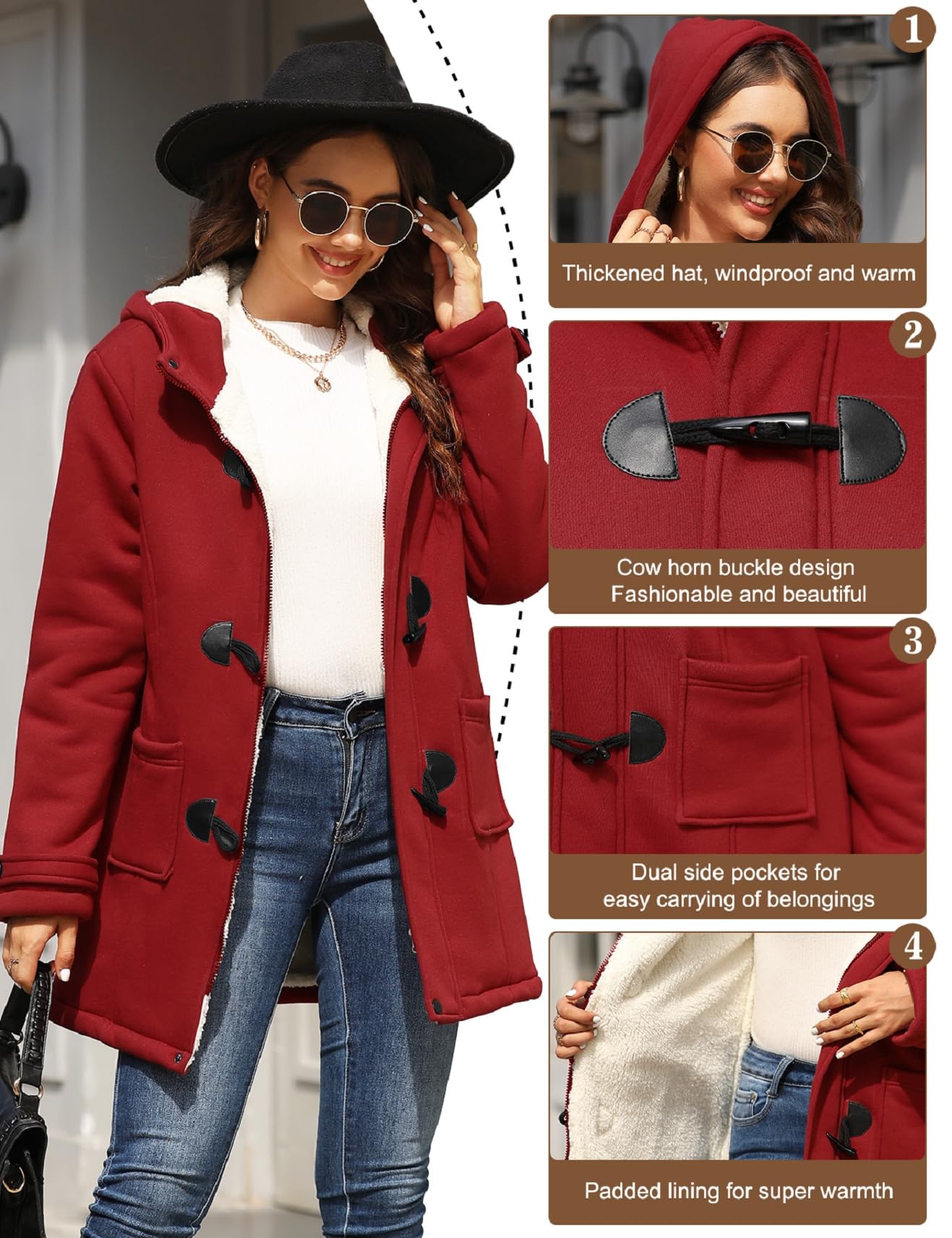 HEEKPEK Cappotti foderati in sherpa da donna, invernali, caldi, alla moda, con bottoni in corno, in pile, giacche casual con cappuccio a maniche lunghe