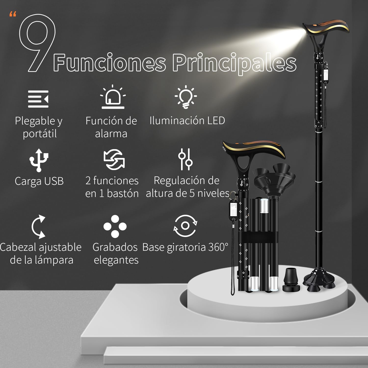 Bastón plegable multifuncional con luz, bastones de moda para mujeres y hombres, bastones ajustables para personas mayores, carga directa USB, ligero y portátil