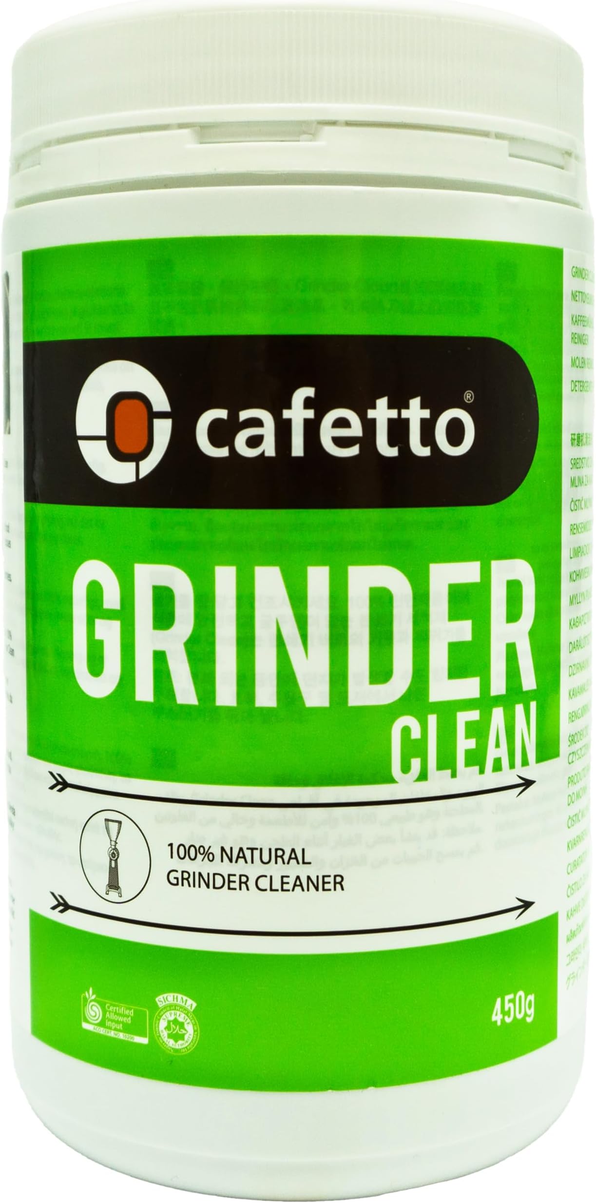 Cafetto Grinder Clean – Organic and Free of Chemicals , Natural Cleaner for Coffee Grinder Burrs and Casings ,Removes Coffee Residue and Odors – 450 grams Jar .