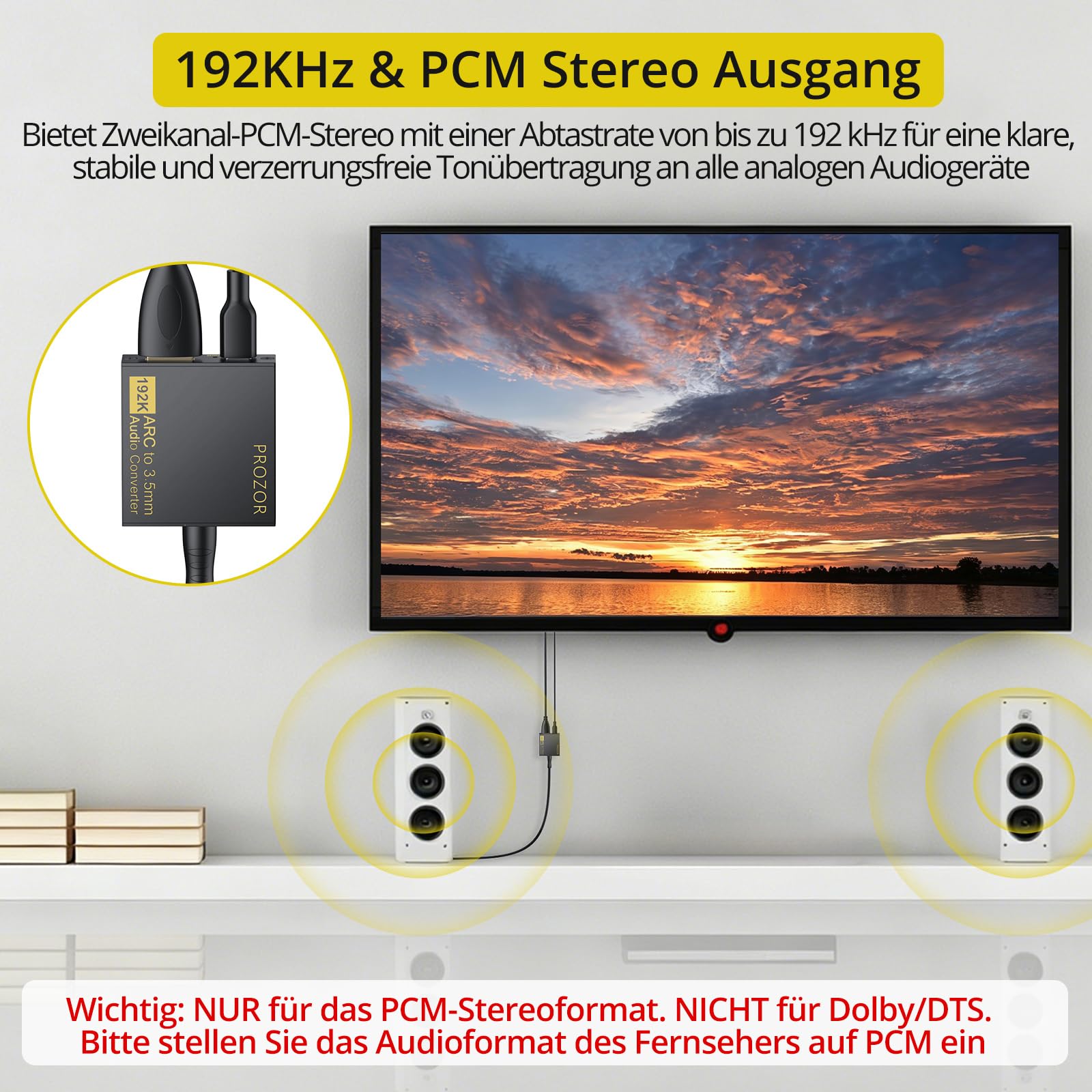 PROZOR eARC/ARC Audio Extractor HDMI zu 3,5mm Stereo Audio Konverter PCM 192kHz HDMI ARC to 3,5mm AUX Audio Extraktor für TV, Kopfhörer, Verstärker, Aktivlautsprecher