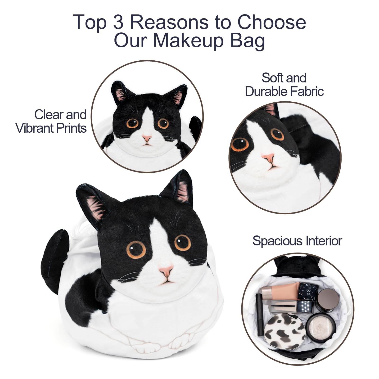 GKIOYRO Cute Kitty Drawstring Makeup Bag, Cat Themed Gift for Women Large Tuxedo Cat Cosmetic Bag - Image 4