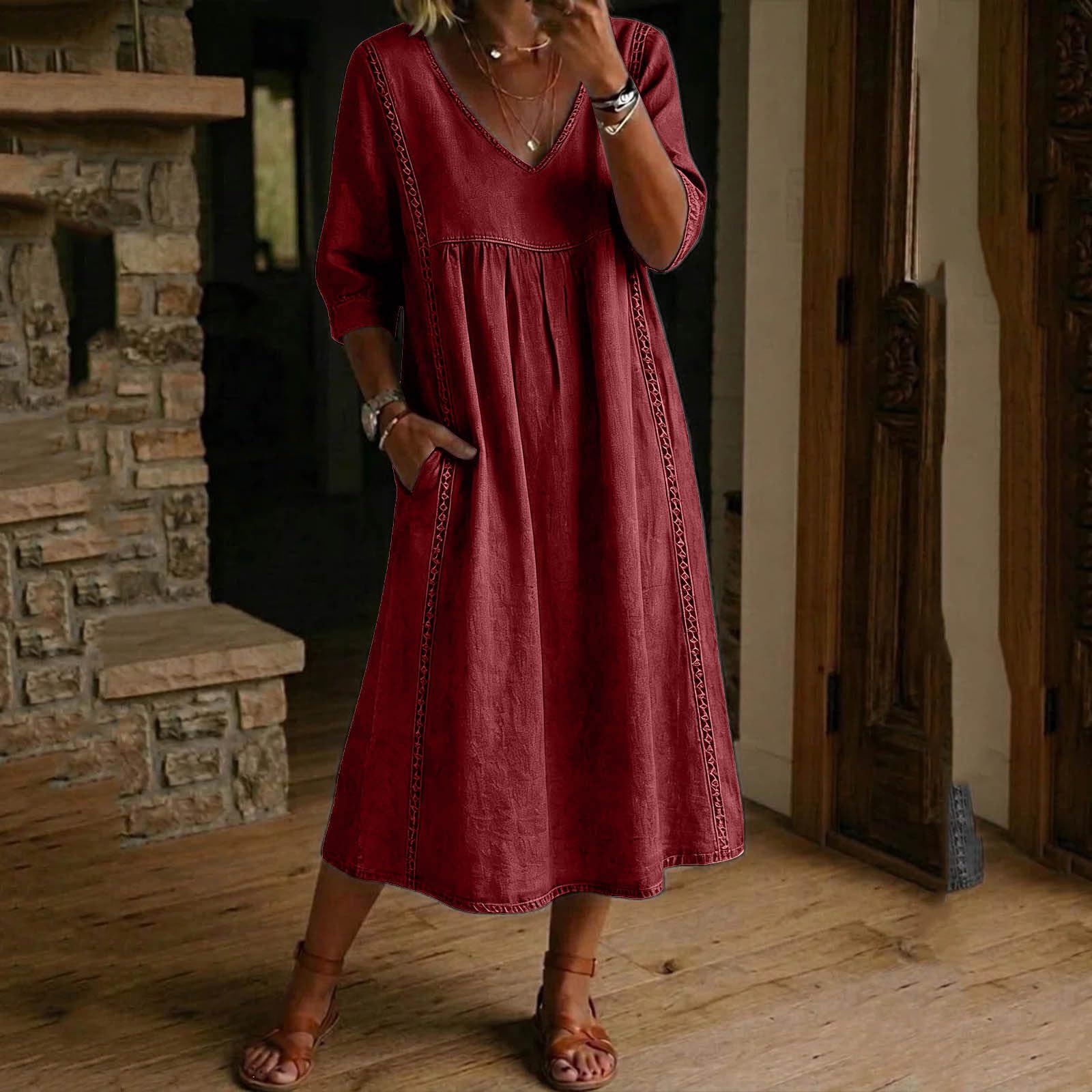 Sommerkleider Damen Leicht Luftig Baumwolle Leinen Maxikleid V-Ausschnitt Musselin A-Linie 3/4 arm Leinenkleid Hohe Taille Button Down Freizeitkleid Blusenkleid Shirtkleid Strandkleid