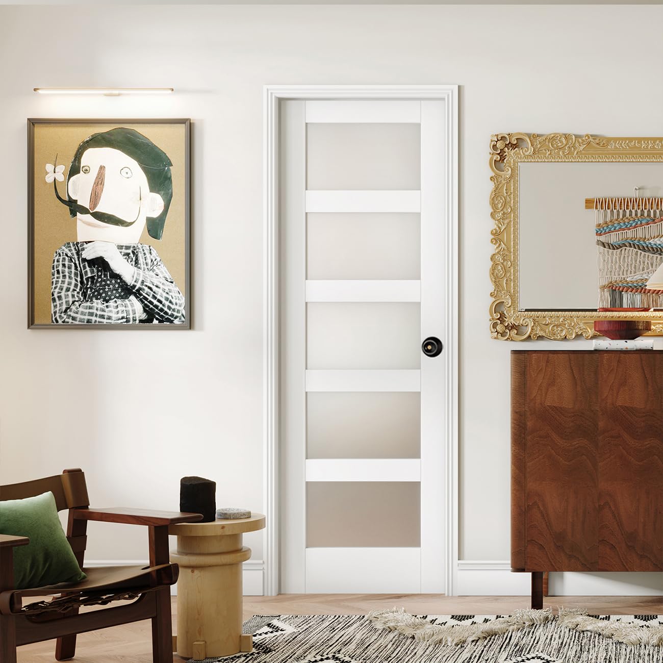 28"x 80" Frosted Glass French Door Slab, White 5 Lite Pantry Door with Black Knobs &amp; Lock, Easy to Assemble Interior Doors for Bathroom, Bedroom, Laundry