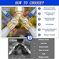 Vista 4 de Divisor de manguera de jardín de latón de 2 vías resistente, divisor de manguera de agua con válvula Y de flujo completo con mango largo levantado