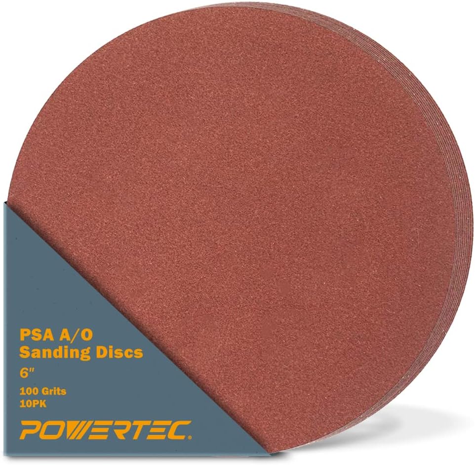 POWERTEC 10 PCS 100 Grit 6 Inch PSA Sanding Discs, Self Stick Adhesive Sandpaper, 6" for Drywall, Woodworking, Paint, Epoxy with Random Orbital Sanders, DA Sanders, 4x36 Belt Disc Sander (110260)