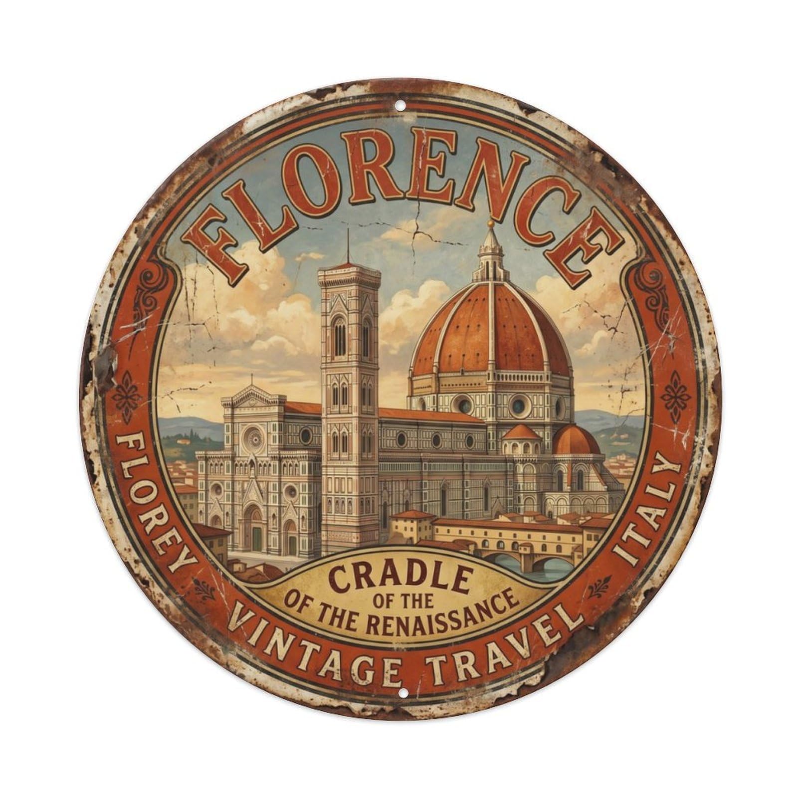 Vintage Travel Florence Duomo Cathedral Metal Tin Sign Plaque Wall Decor for Cafe, Club Bar, Office, Home Garden Round Metal Poster 8x8Inch
