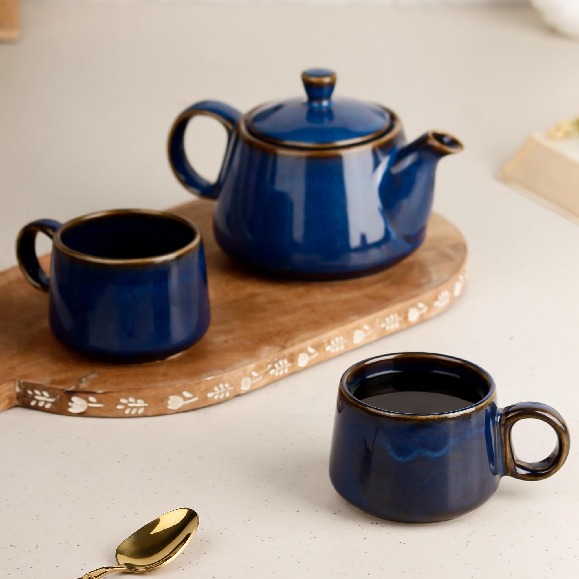 The Earth Store Premium Navy Blue Glaze Ceramic Morning Tea Set - 2 Tea Cups & 1 Kettle Microwave and Dishwasher Safe | Tea Cup with Kettle | Small Morning Set | Ideal for Gifting and Daily Use-image-21