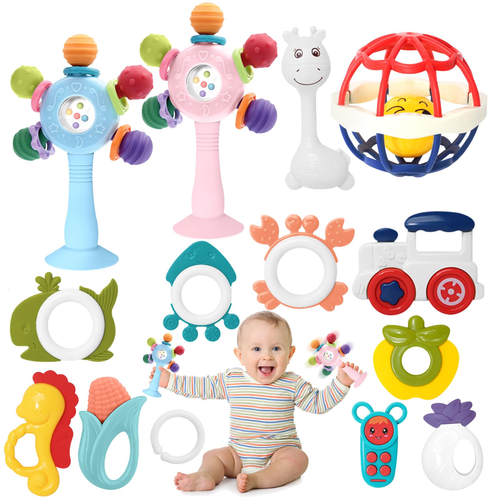 NUHEXRY Juguetes para Bebe de 0 a 6 Meses, 14 Piezas, Bebé Agarre Sonajero, Sonajero Juego De Juguetes Mordedor, Estimulacion Temprana para Bebés, Regalos para Bebe
