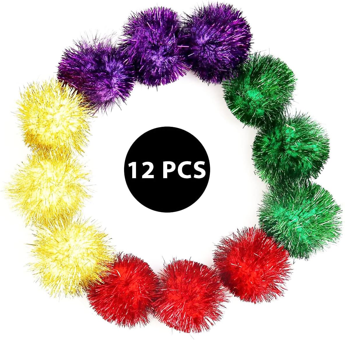 Framendino, 12 Pack 2 Inch Sparkle Ball Glitter Pom Poms with Tinsel for DIY Craft Decorations 4 Colors