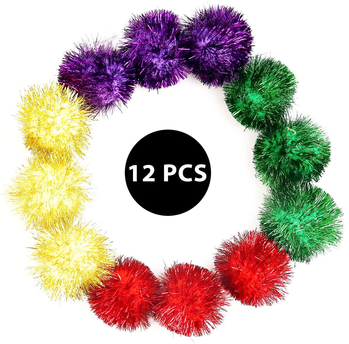 Framendino, 12 Pack 2 Inch Sparkle Ball Glitter Pom Poms with Tinsel Pet Cat Toy 4 Colors