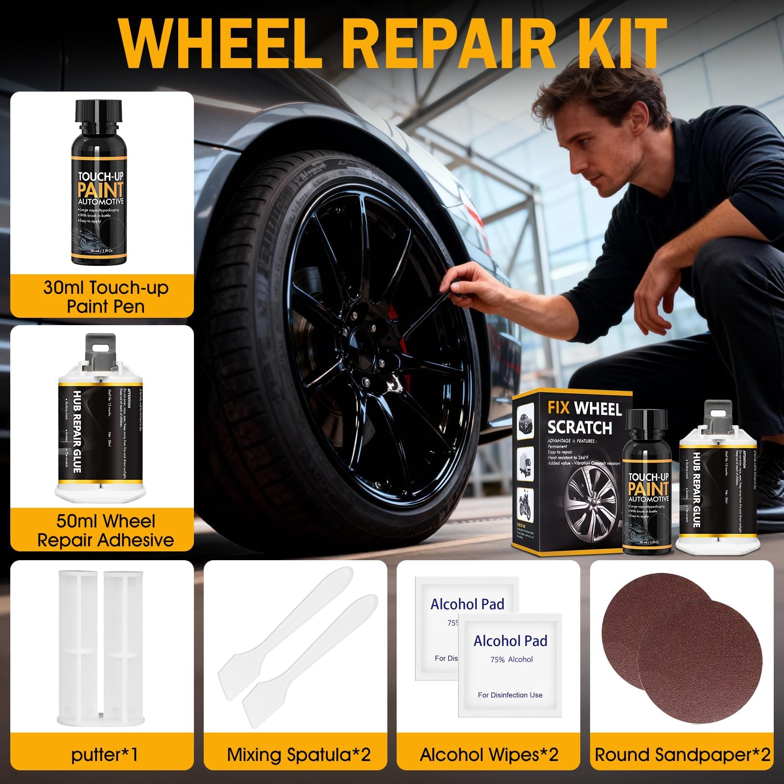 Kit Riparazione Cerchi in Lega, Vernice Cerchi in Lega, Vernice perCerchi in Lega, Abrasioni Ossidazioni Sulle Superfici dei Cerchi, Adatto per Auto, Biciclette Motociclette, Nero-02